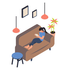 Girl reading book while sitting on couch isometric Concept, Barefoot Woman Lying Down On Sofa Vector Icon Design, Weekly holiday Activity Symbol, Week Rest Day Sign, Lazy weekend people Stock