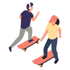 Little girl play surf skate board at park isometric Concept, teenage street skateboard wearing Cap Vector Icon Design, Weekly holiday Activity Symbol, Week Rest Day Sign, Lazy weekends people Stock