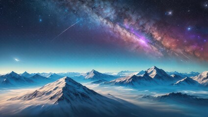 Futuristic digital art landscape with mountain valley, low clouds, purple starry sky with milky way. Generative AI
