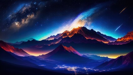 Futuristic digital art landscape with mountain valley, low clouds, purple starry sky with milky way. Generative AI