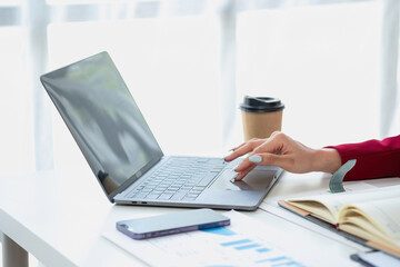 planning, auditing, business planning, finance, young asian business woman working on computer and checking investment documents and planning marketing to increase profit, business concepts