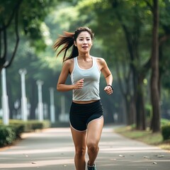 Young beautiful Asian woman jogging in park. Great for articles about lifestyle, health, fitness, sportswear, wellness etc. 