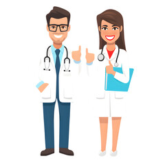 Flat Minimalist Vector Icon: Female and Male Doctors Thumbs Up with Medical Charts in Hand