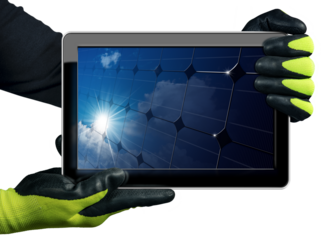 Manual Worker with protective work gloves showing a digital tablet computer with a close-up of a solar panel inside the screen. Isolated on white or transparent background. Solar energy concept. Png.