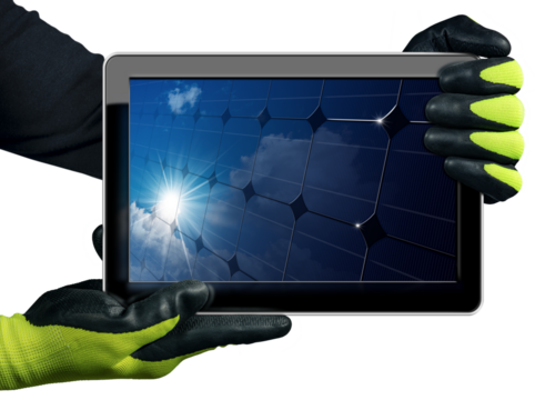 Manual Worker with protective work gloves showing a digital tablet computer with a close-up of a solar panel inside the screen. Isolated on white or transparent background. Solar energy concept. Png.