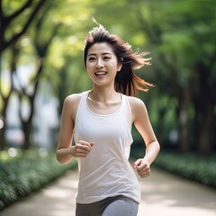 Young beautiful Asian woman jogging in park. Great for articles about lifestyle, health, fitness, sportswear, wellness etc. 