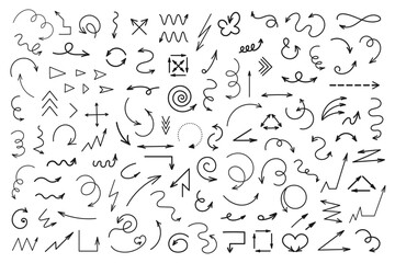 Set of doodle arrows hand drawn. Vector isolated on white background. Simple variety of shapes. Collection for every requirement. 