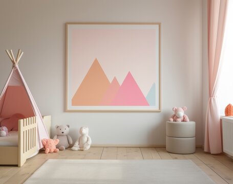 Cozy interior of child room with bed, mock up poster frame, toys, plush animal, decoration. Pink colors. Warm kid space. Template. Generative AI.