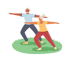 Cartoon characters of old people doing sports together outside. Regular physical activity for seniors. Happy old age. Time for fitness and retirement. Vector flat illustration