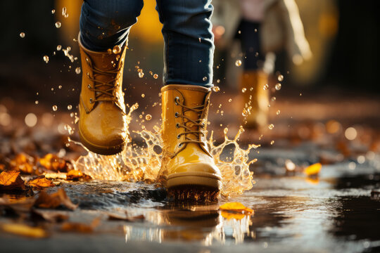 Feet of child in yellow rubber boots jumping over puddle in rain. Generative AI