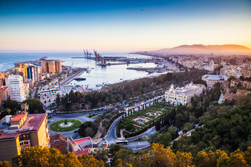 Fototapeta na wymiar view over Malaga at sunset travel banner