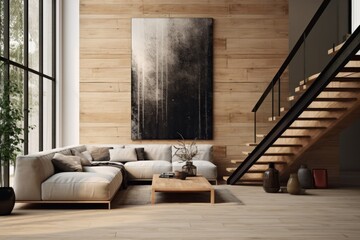 Modern cozy interior of living room with sofa and pillows.