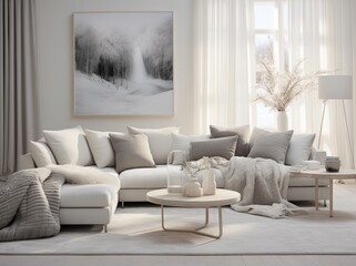 Modern bright interior of living room with sofa and pillows.