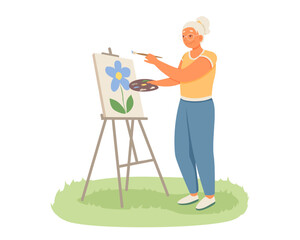 Cartoon character practicing hobbies. Old female standing near easel, holding brush and painting. Concept of happy retirement. Vector flat illustration in green and blue colors