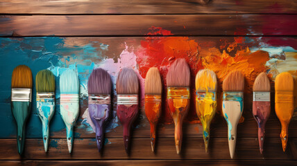 Fototapeta premium Row of artist paintbrushes closeup on artistic wooden background. Generative AI