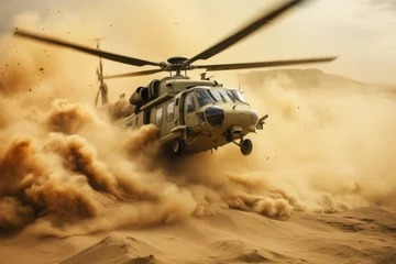 Poster the helicopter flying in the air is covered in sand. Generative AI © wolfhound911