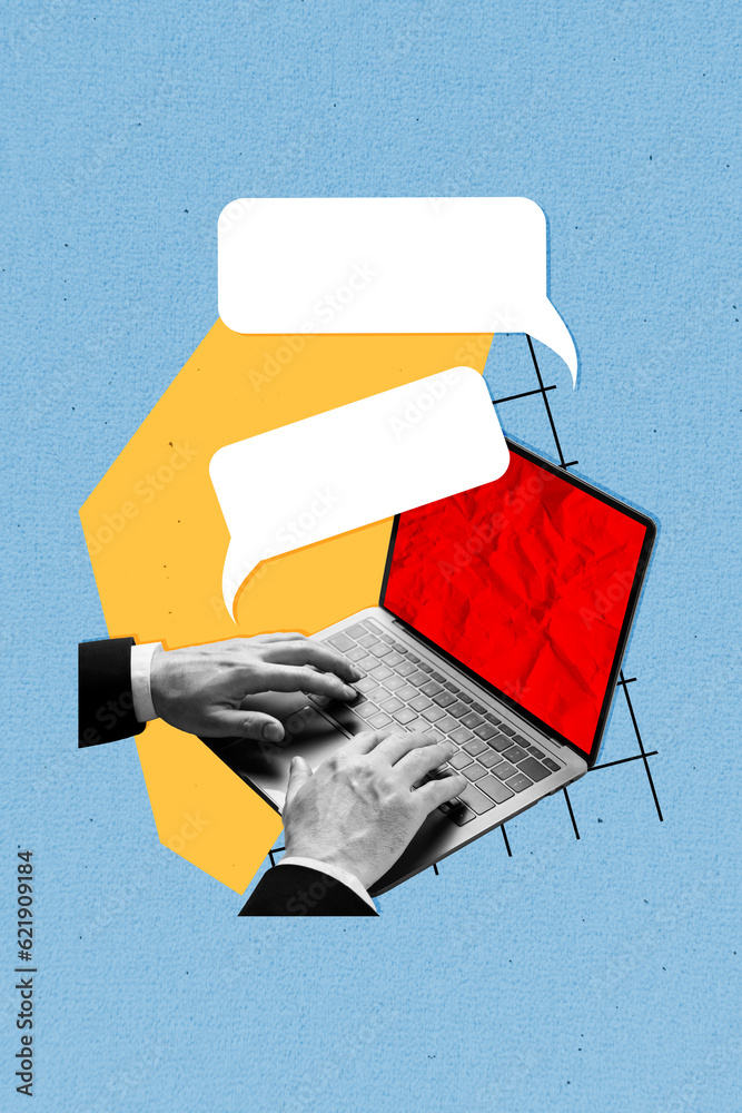 Fototapete Sketch template artwork collage of male fingers typing text modern netbook macbook online chat empty space isolated on drawing background