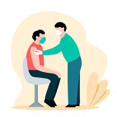 Male doctor holding syringe and makes antiviral injection to man. Time for boosting immune system health. Concept of flu or coronavirus vaccination. Vector illustration in green and red colors