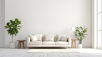 Large blank smooth white wall in ultra modern minimalistic furniture living room. Generative AI 2
