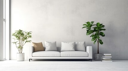 Large blank wall in ultra modern minimalistic furniture living room. Generative AI 3