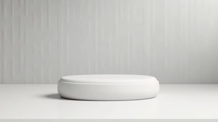 Naklejka na ściany i meble Pedestal oval podium for cosmetic product presentation in studio with white fine texture background. Generative AI 3