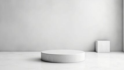Pedestal oval podium for cosmetic product presentation in studio with white fine texture background. Generative AI 10