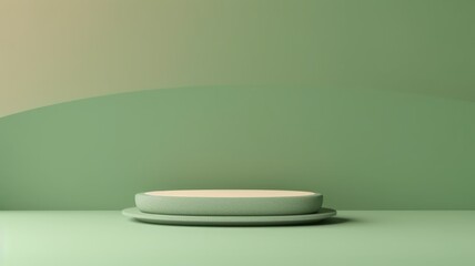 Pedestal oval podium for cosmetic product presentation in studio with green fine texture background