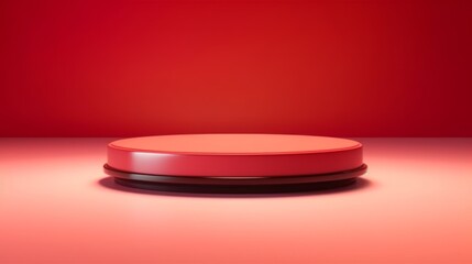 Pedestal oval podium for cosmetic product presentation in studio with light red fine texture background. Generative AI 1