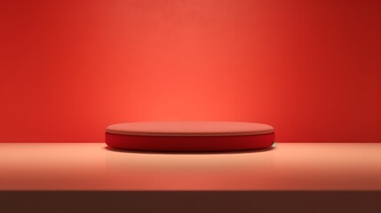 Pedestal oval podium for cosmetic product presentation in studio with light red fine texture background