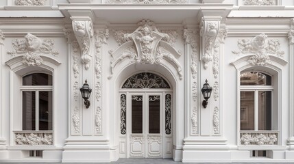 Fototapeta premium Exterior classic wall facade with white plaster. Generative AI 6