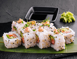 traditional japanese dish rolls with cucumbers and red salmon and onigiri soy sause