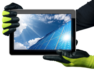 Engineer with protective work gloves showing a digital tablet computer with a group of solar panels inside the screen. Isolated on white or transparent background. Solar energy concept. Png.