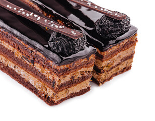 chocolate layered cakes slices on white