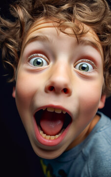 Funny portrait of a cute little boy making a silly expression of surprise