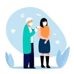 Cartoon character engaged in vaccination. Concept of boosting immune system health. Protection from diseases. Concept of flu or Covid-19 vaccination. Vector flat illustration in blue colors