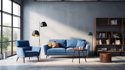 Home interior mock-up with blue sofa with grey wall, wooden table and decor in living room....
