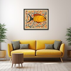 Modern bright interior with sofa and poster mockup with horizontal frame on empty wall in living room interior with yellow sofa and pillows. Template. Generative AI.