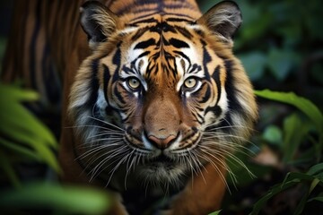 Fototapeta premium Sumatran tiger in forest background stalking prey, beautiful Asian tiger