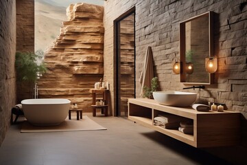 A bathroom with a stone wall and a tub. AI