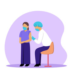 Girl being vaccinated in hospital. Medical worker holding syringe and makes antiviral injection. Getting vaccines against diseases. Boosting immune system health for children. Vector flat