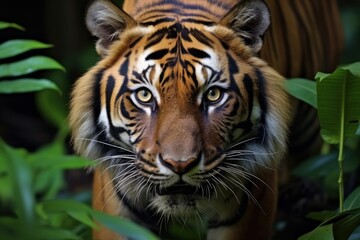Sumatran tiger in forest background stalking prey, beautiful Asian tiger