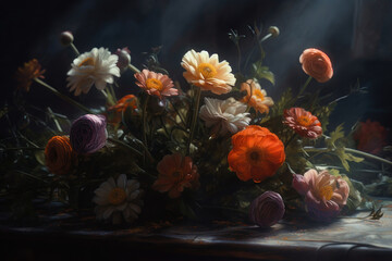 Obraz na płótnie Canvas Bouquet of colorful flowers, oil painting style. AI generative.