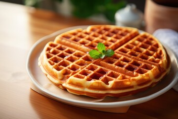A blank waffle sitting on the wooden table with natural light. Generative AI