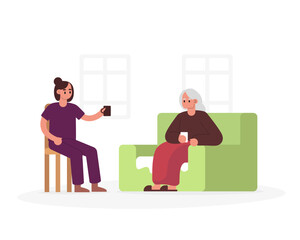 Obraz premium Old lady sitting on sofa, nurse sitting near, drinking tea. Positive seniors spending time together indoors. Happy old age. Rehabilitation for elderly people. Colorful vector flat illustration