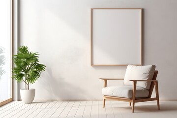 Interior of living room with coffee table and white beige fabric armchair, an empty poster on the wall. Template. Generative AI.