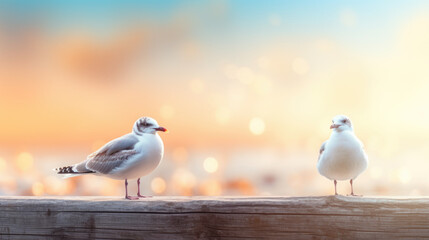 Two seagulls are standing on a wooden ledge. Generative AI.