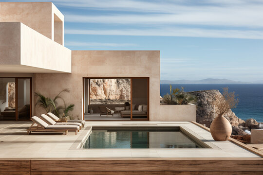 luxury mediterranean house with ocean view, generative ai