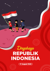 Poster Templates Indonesia Independence Day with of Childrens Running with Flag Vector Illustration