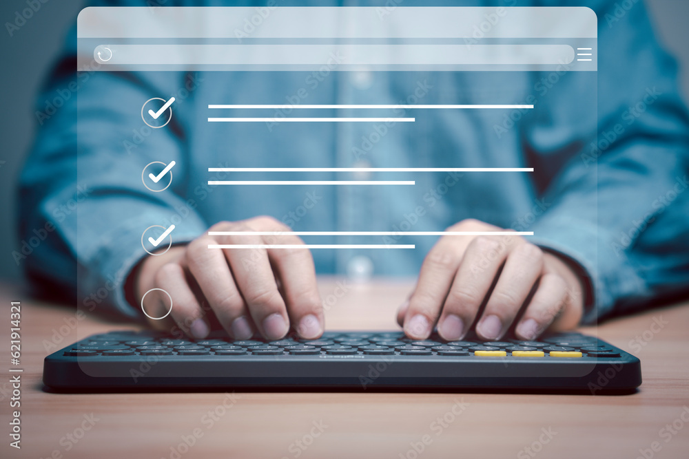 Poster Businessman using computer keyboard to tick correct sign mark in checkbox for quality document control checklist and business approve project concept.