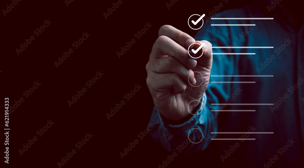 Poster Businessman using pen to tick correct sign mark in checkbox for quality document control checklist and business approve project concept.